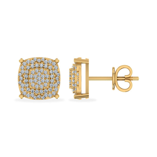 10K Yellow Gold Round Diamond Square Shape Designer Stud Earrings 1/3 Ctw