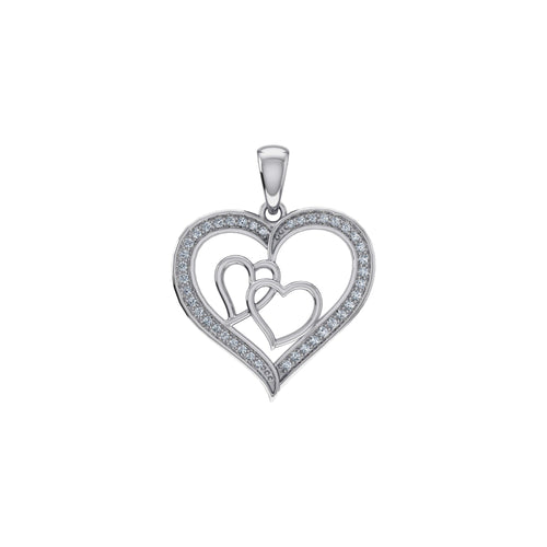 10K White Gold Round Diamond Womens Double Heart Pendant 1/8 Ctw
