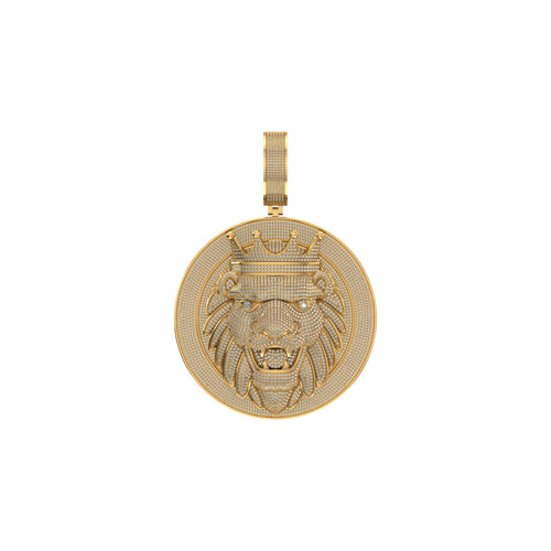 10K Yellow Gold Round Diamond Lion with Crown Pendant 2-5/8 Ctw
