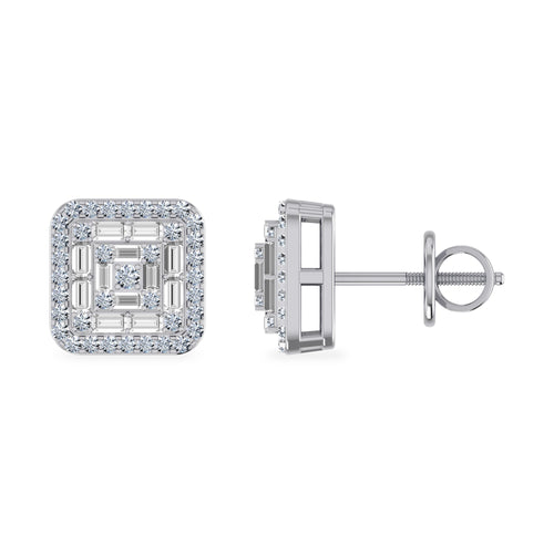 10K White Gold Round Baguette Diamond Square Shape Stud Earrings 3/8 Ctw