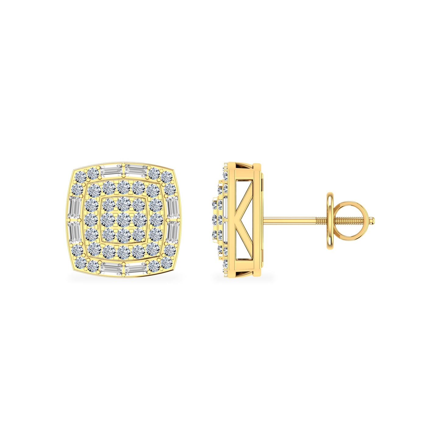 10K Yellow Gold Round Diamond Square Shape Stud Earrings 1/2 Ctw