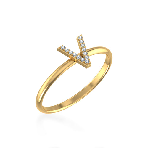 10K Yellow Gold Womens Round Diamond V Initial Letter Ring 1/25 Ctw