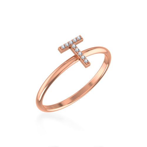 10K Rose Gold Womens Round Diamond T Initial Letter Ring 1/25 Ctw