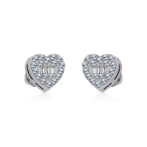 10K White Gold Round Baguette Diamond Heart Shape Cluster Stud Earring 1/5 Ctw