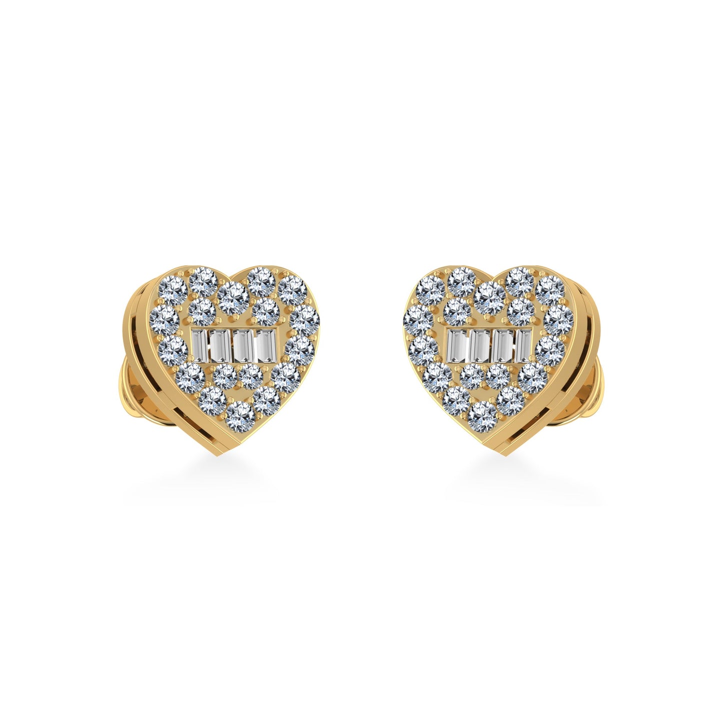 10K Yellow Gold Round Baguette Diamond Heart Shape Cluster Stud Earrings 1/5 Ctw