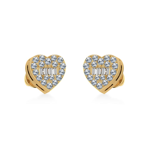 10K Yellow Gold Round Baguette Diamond Heart Shape Cluster Stud Earrings 1/5 Ctw