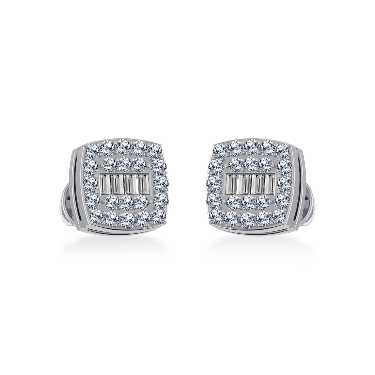10K White Gold Round Baguette Diamond Square Shape Cluster Stud Earring 1/4 Ctw