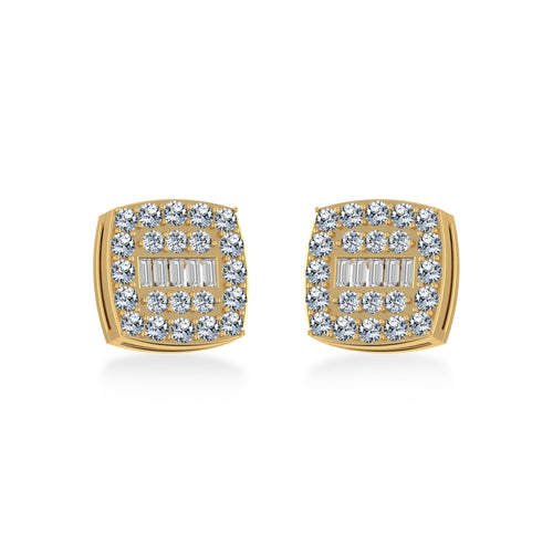 10K Yellow Gold Round Baguette Diamond Square Shape Cluster Stud Earring 1/2 Ctw