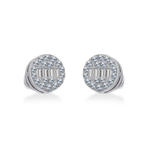 10K White Gold Round Baguette Diamond Cluster Stud Earrings 1/5 Ctw