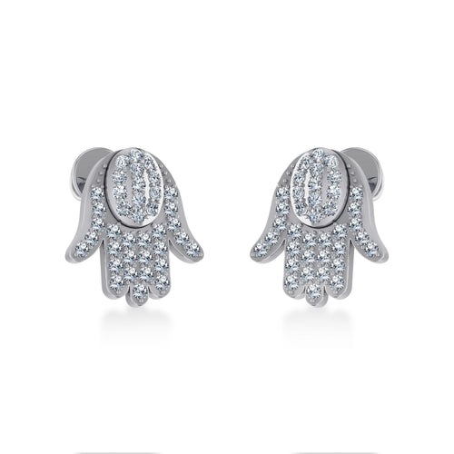 10K White Gold Round Baguette Diamond Hamza Hand Religious Stud Earring 1/5 Ctw