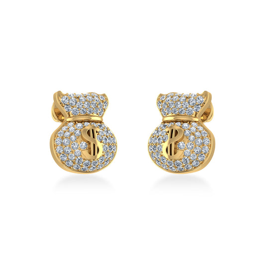 10K Yellow Gold Round Diamond Money Dollar Bag Designer Stud Earrings 1/6 Ctw