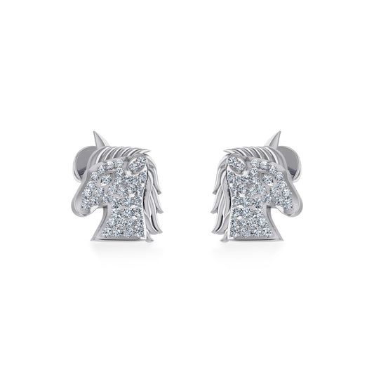 10K White Gold Round Diamond Horse Animal Designer Stud Earring 1/5 Ctw