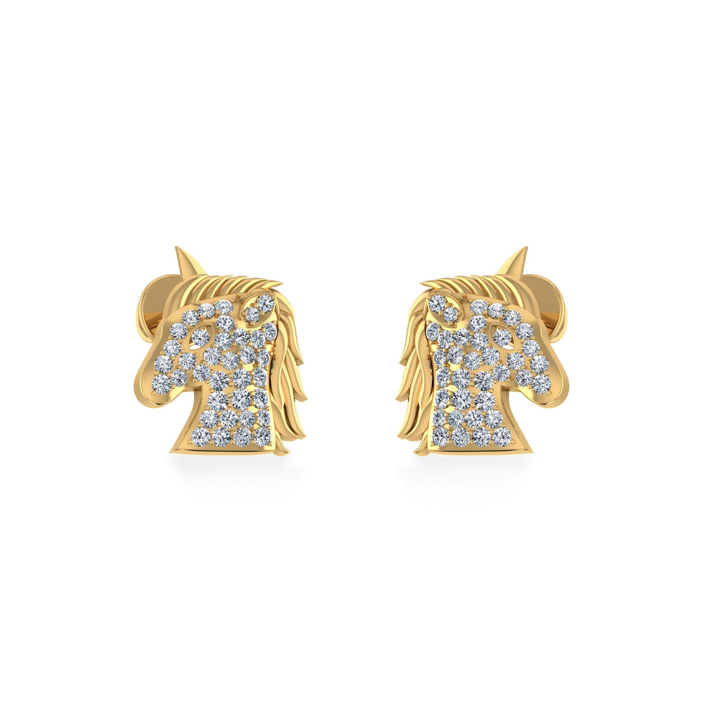 10K Yellow Gold Round Diamond Horse Animal Designer Stud Earring 1/5 Ctw