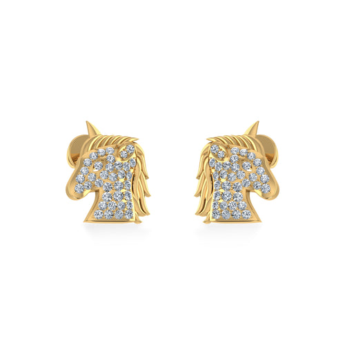 10K Yellow Gold Round Diamond Horse Animal Designer Stud Earring 1/5 Ctw