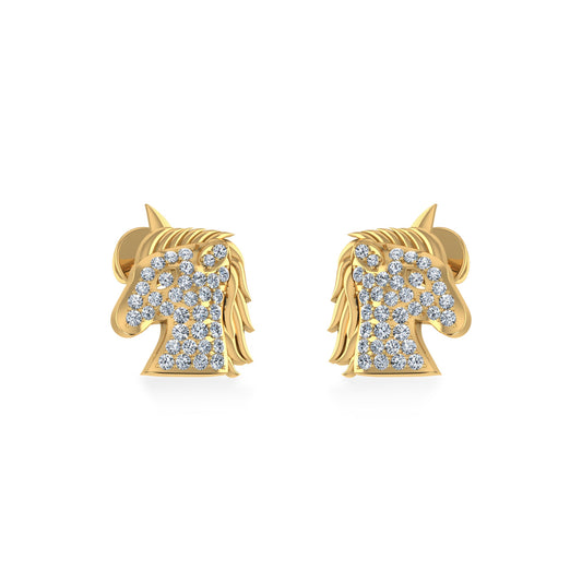 10K Yellow Gold Round Diamond Horse Animal Designer Stud Earring 1/5 Ctw