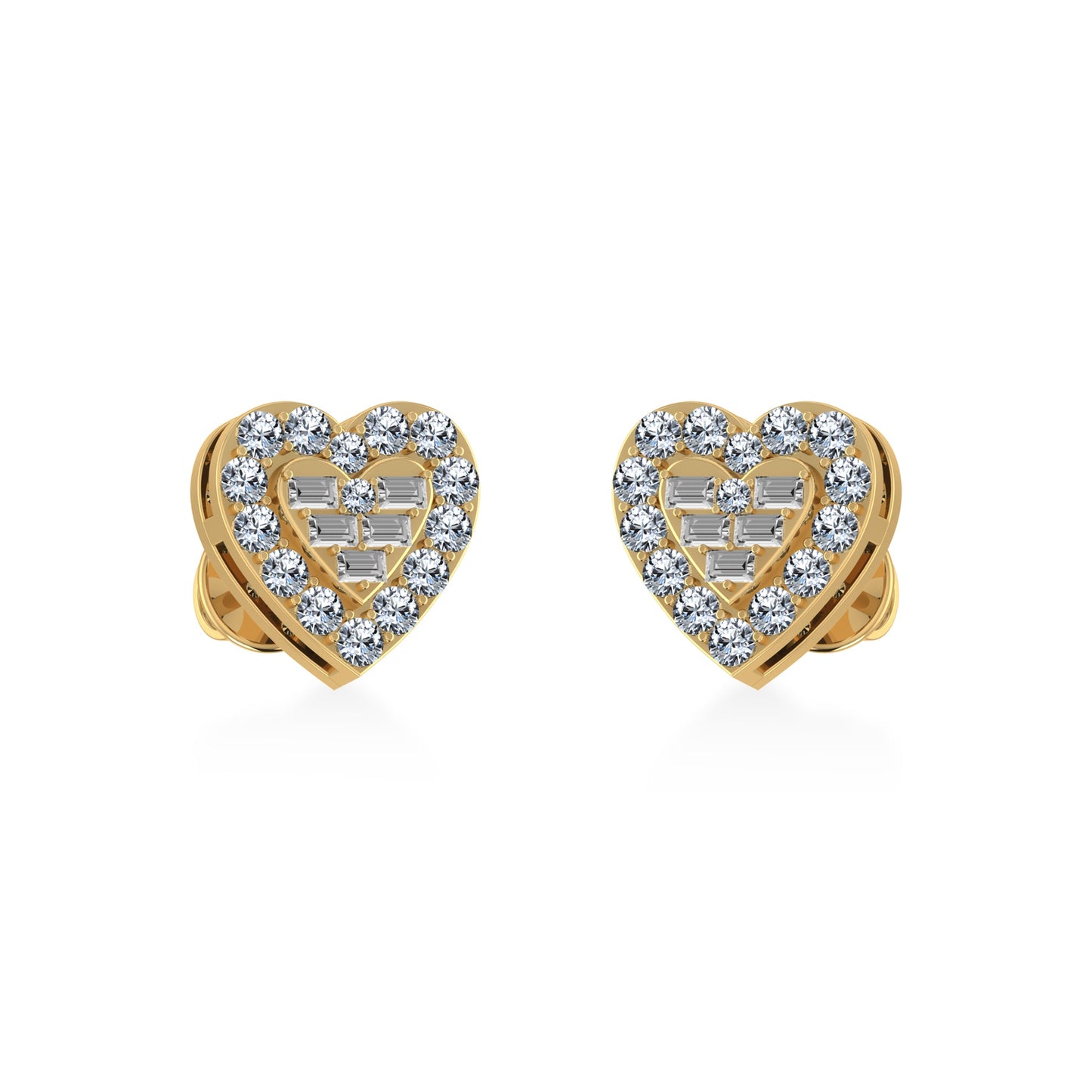 10K Yellow Gold Round Baguette Diamond Heart Shape Stud Earrings 3/8 Ctw