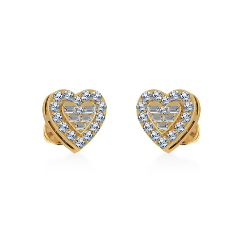 10K Yellow Gold Round Baguette Diamond Heart Shape Stud Earrings 3/8 Ctw