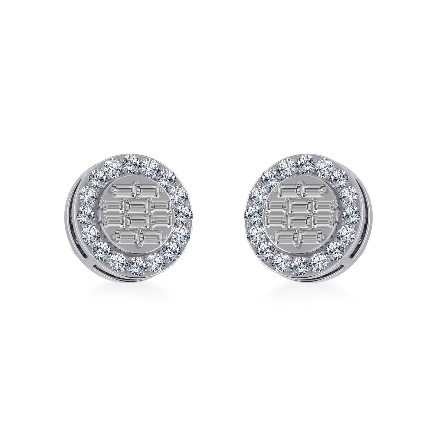 10K White Gold Round Baguette Diamond Stud Earring 1/2 Ctw