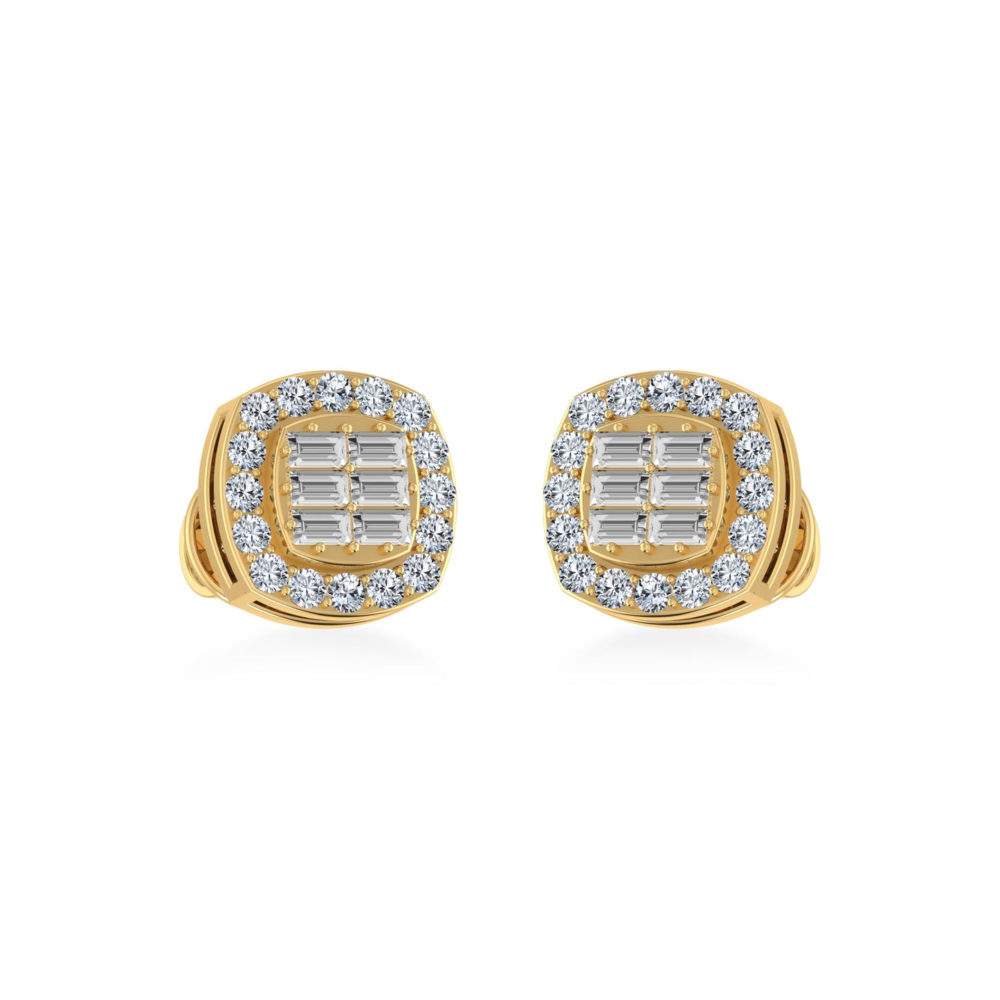 10K Yellow Gold Round Baguette Diamond Square Shape Stud Earrings 1/3 Ctw