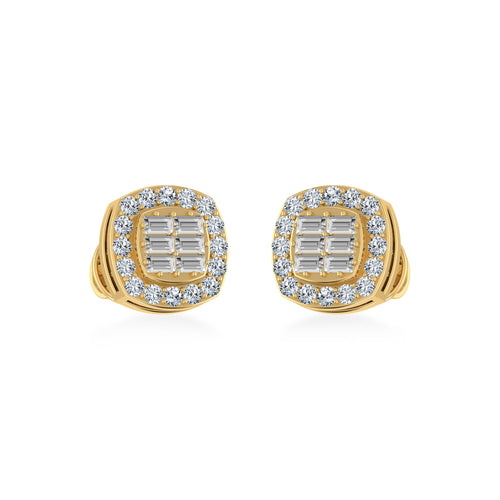 10K Yellow Gold Round Baguette Diamond Square Shape Stud Earrings 1/3 Ctw