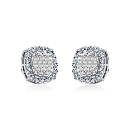 10K White Gold Round Baguette Diamond Stud Earring 1 Ctw