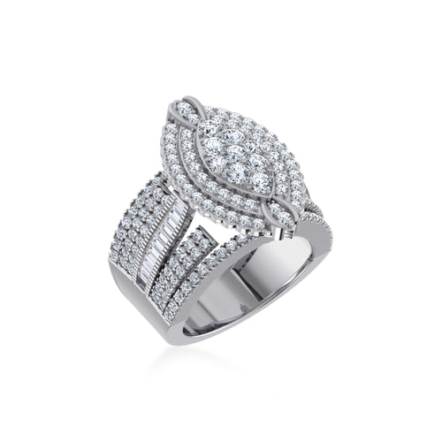 10K White Gold Round Baguette Diamond Womens Size 7 Designer Bridal Ring 2-3/8 Ctw