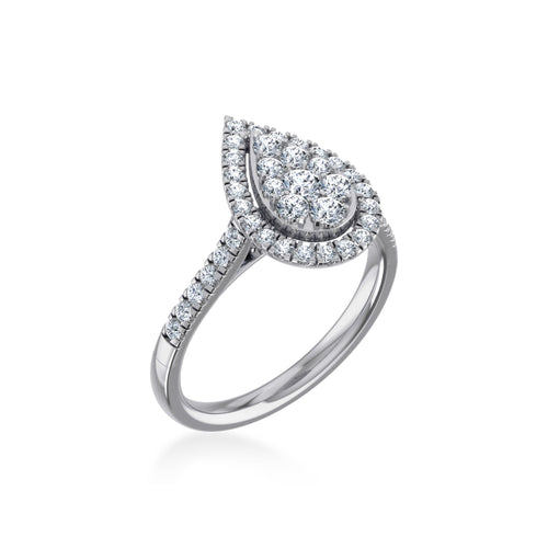 14K White Gold Round Diamond Pear Shape Womens Designer Ring 7/8 Ctw