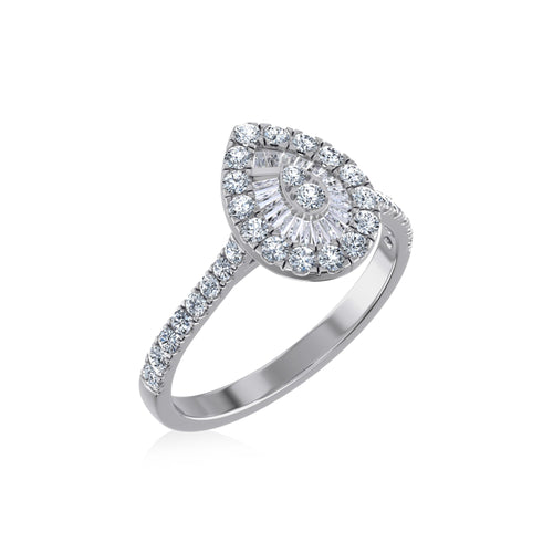 14K White Gold Round Baguette Diamond Pear Shape Womens Designer Ring 3/4 Ctw
