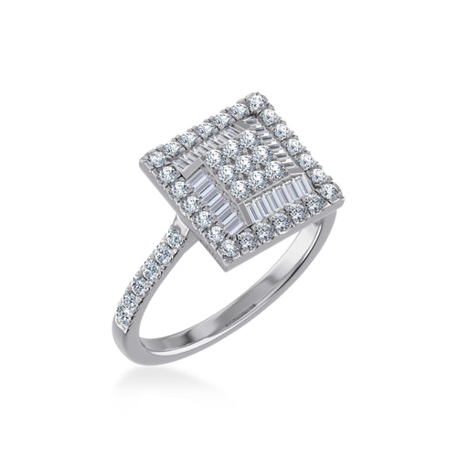 14K White Gold Round Baguette Diamond Square Shape Womens Size 7 Designer Ring 7/8 Ctw