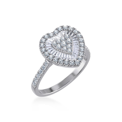 14K White Gold Round Baguette Diamond Heart Shape Womens Designer Ring 1 Ctw