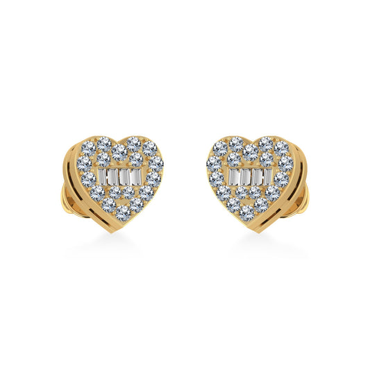 14K Yellow Gold Round Baguette Diamond Heart Shape Cluster Stud Earring 1/5 Ctw