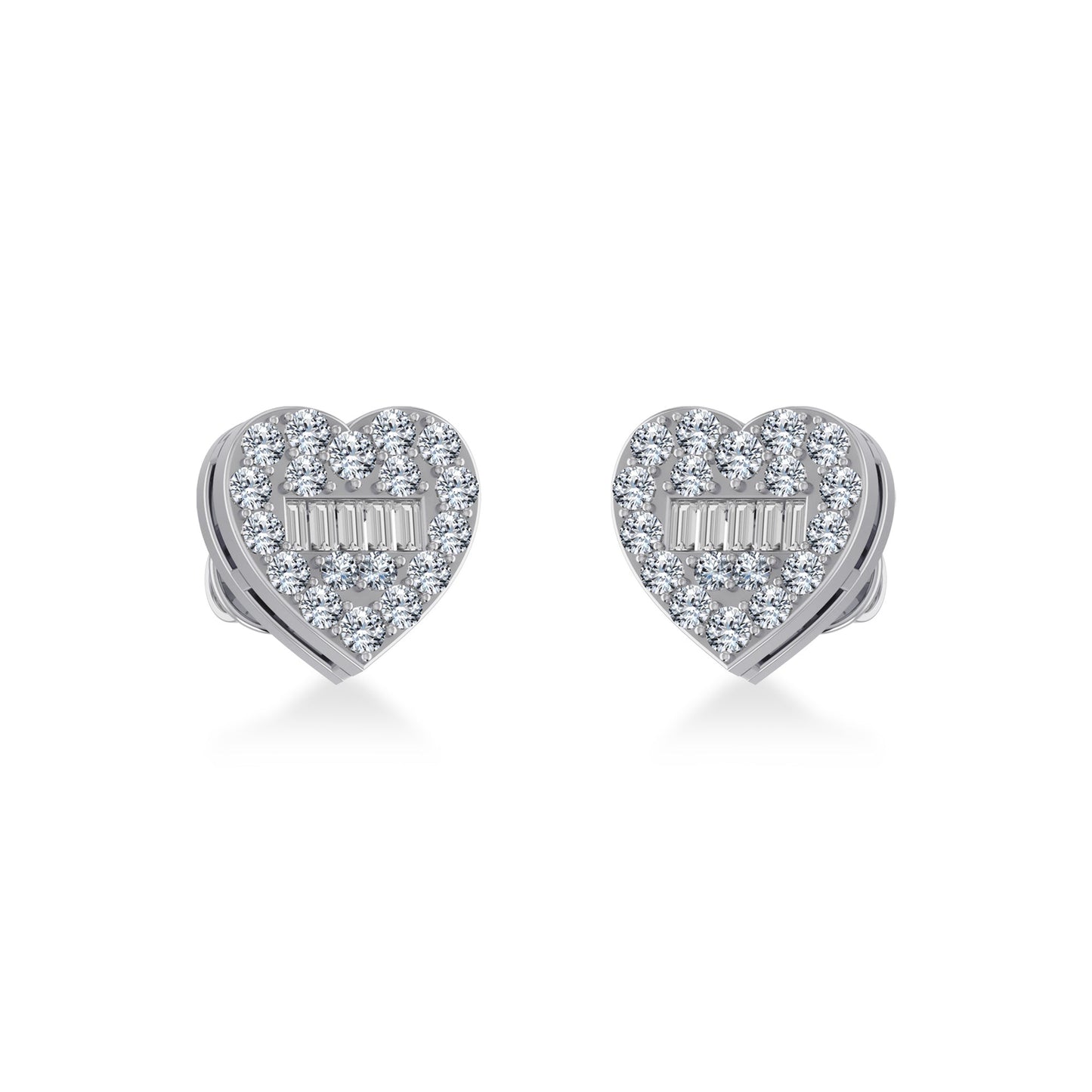 14K White Gold Round Baguette Diamond Heart Shape Cluster Stud EarRing 3/8 Ctw
