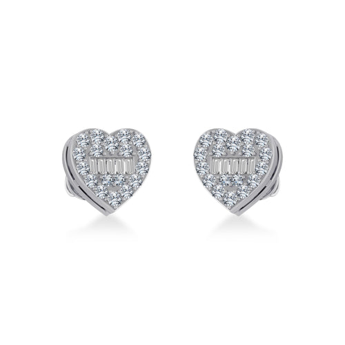 14K White Gold Round Baguette Diamond Heart Shape Cluster Stud EarRing 3/8 Ctw