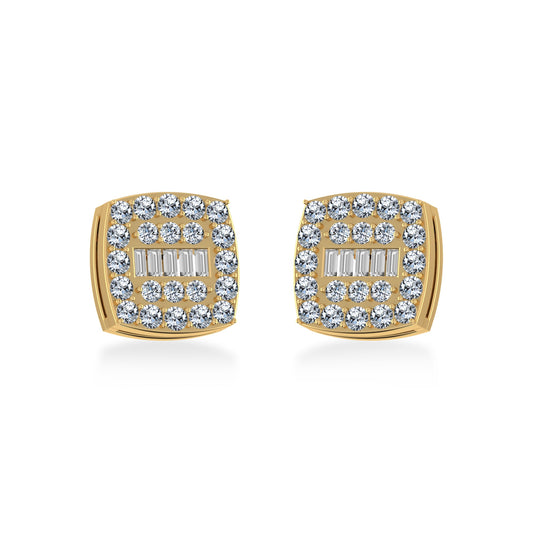 14K Yellow Gold Round Baguette Diamond Square Shape Cluster Stud EarRing 1/2 Ctw