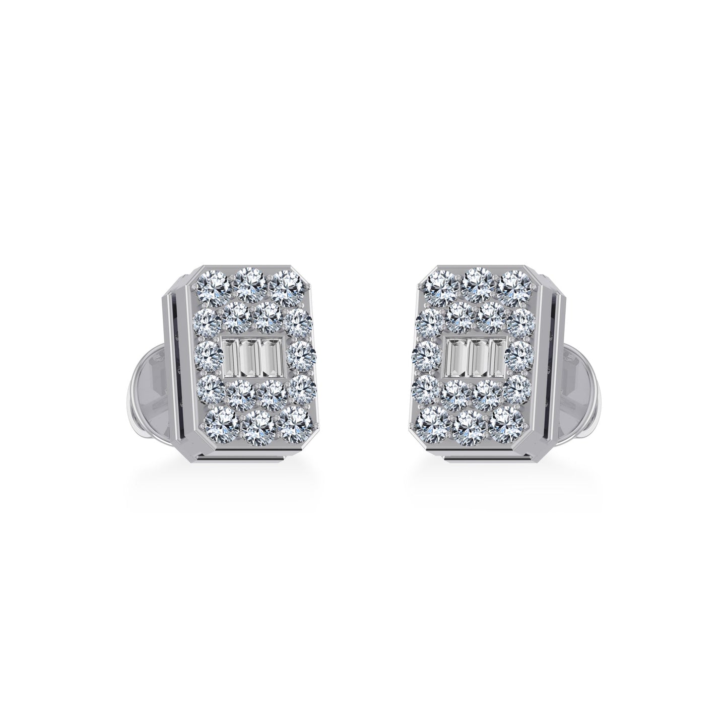 14K White Gold Baguette Diamond Emerald Shape Cluster Stud EarRing 1/5 Ctw