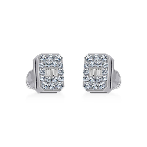14K White Gold Baguette Diamond Emerald Shape Cluster Stud EarRing 1/5 Ctw
