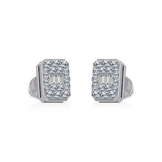 14K White Gold Baguette Diamond Emerald Shape Cluster Stud EarRing 1/5 Ctw