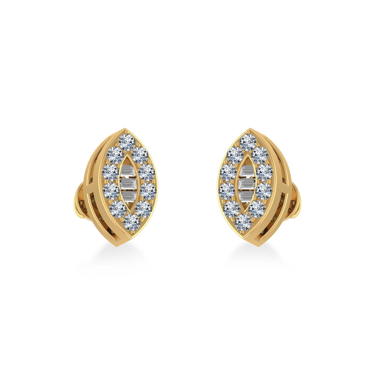 14K Yellow Gold Baguette Diamond Marquise Shape Cluster Stud EarRing 1/8 Ctw