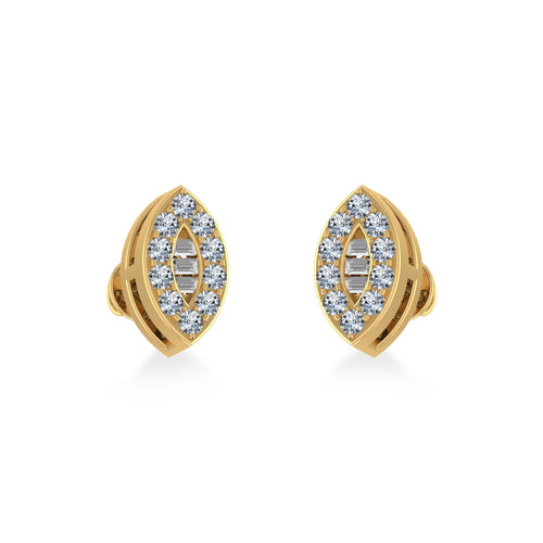 14K Yellow Gold Baguette Diamond Marquise Shape Cluster Stud EarRing 1/8 Ctw
