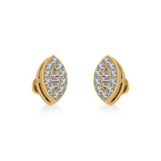 14K Yellow Gold Baguette Diamond Marquise Shape Cluster Stud EarRing 1/8 Ctw
