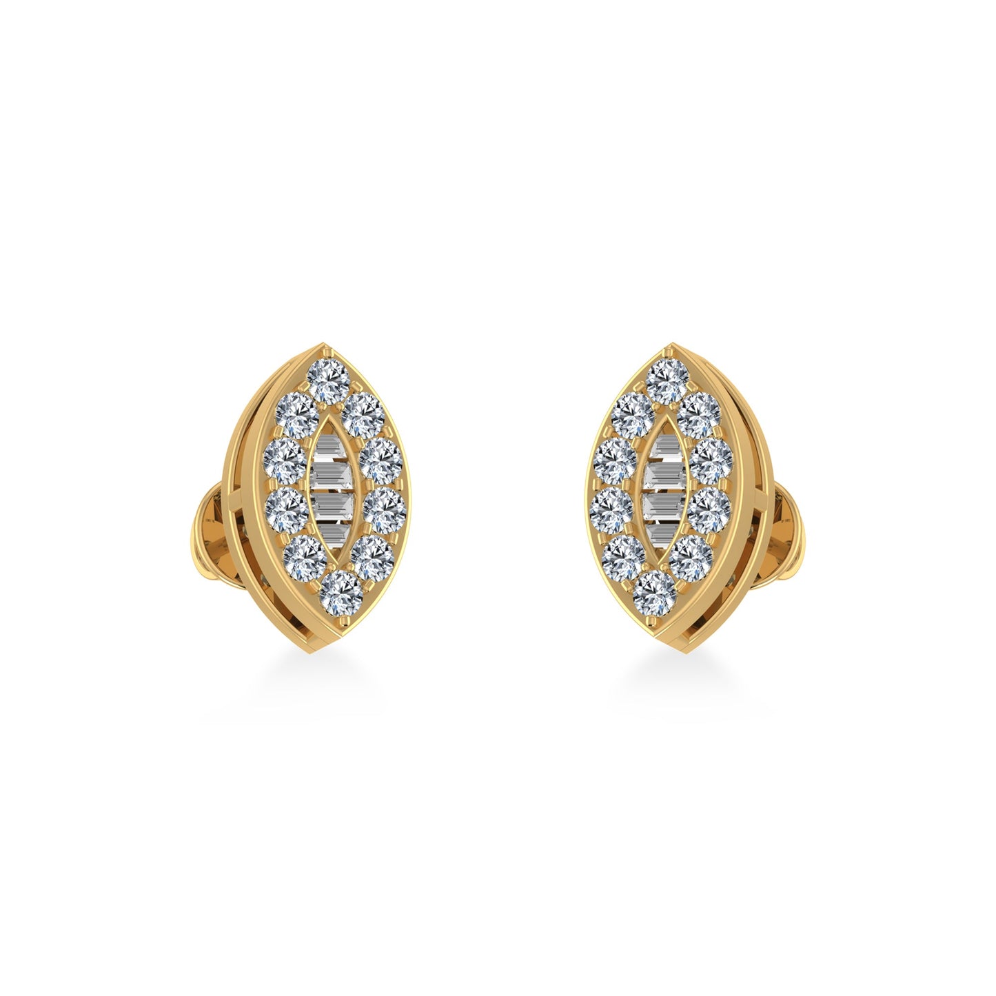 14K Yellow Gold Baguette Diamond Marquise Shape Stud Earring 1/4 Ctw