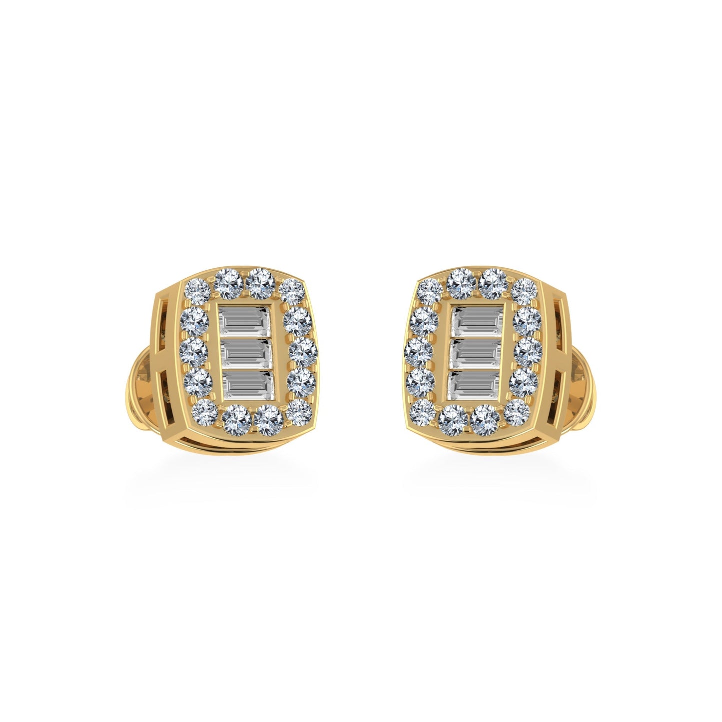 14K Yellow Gold Round Baguette Diamond Stud Earrings 1/5 Ctw