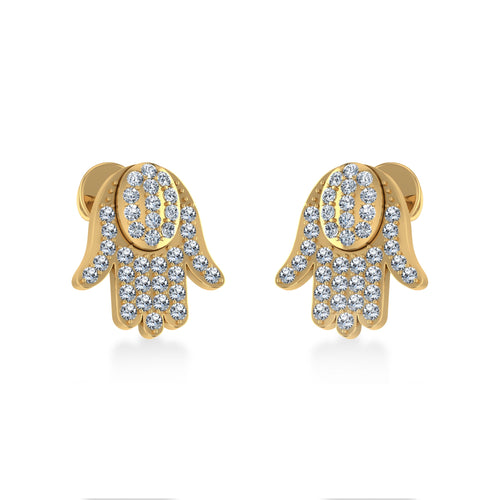 14K Yellow Gold Round Baguette Diamond Hamza Hand Religious Stud Earrings 1/5 Ctw