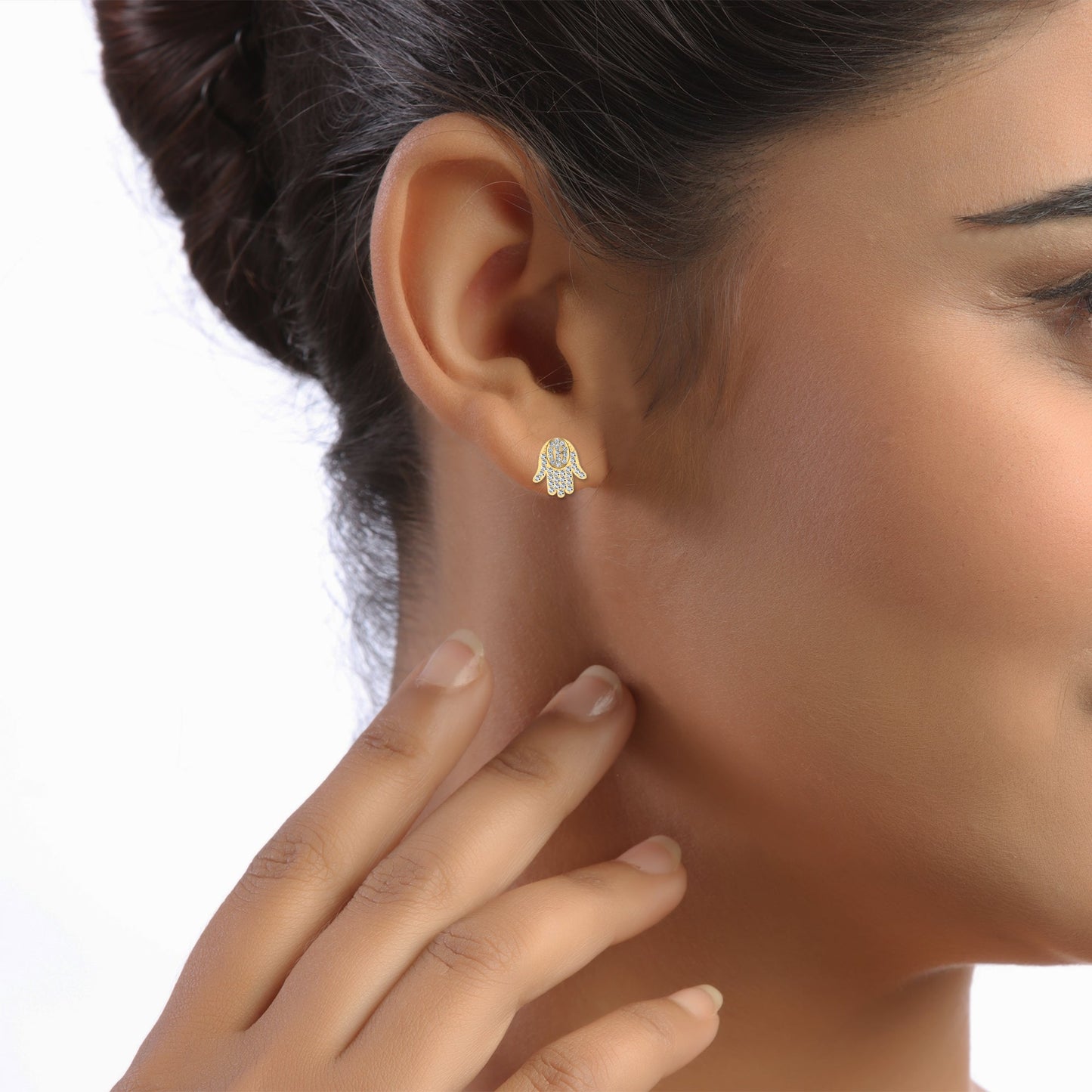14K Yellow Gold Round Baguette Diamond Hamza Hand Religious Stud Earrings 1/5 Ctw