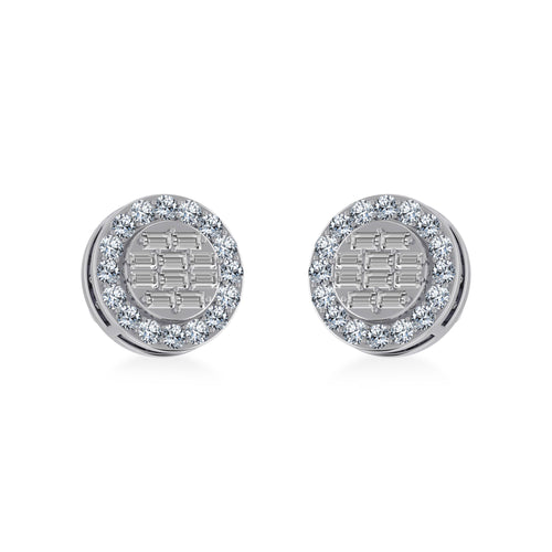 14K White Gold Round Baguette Diamond Halo Stud Earrings 1/2 Ctw