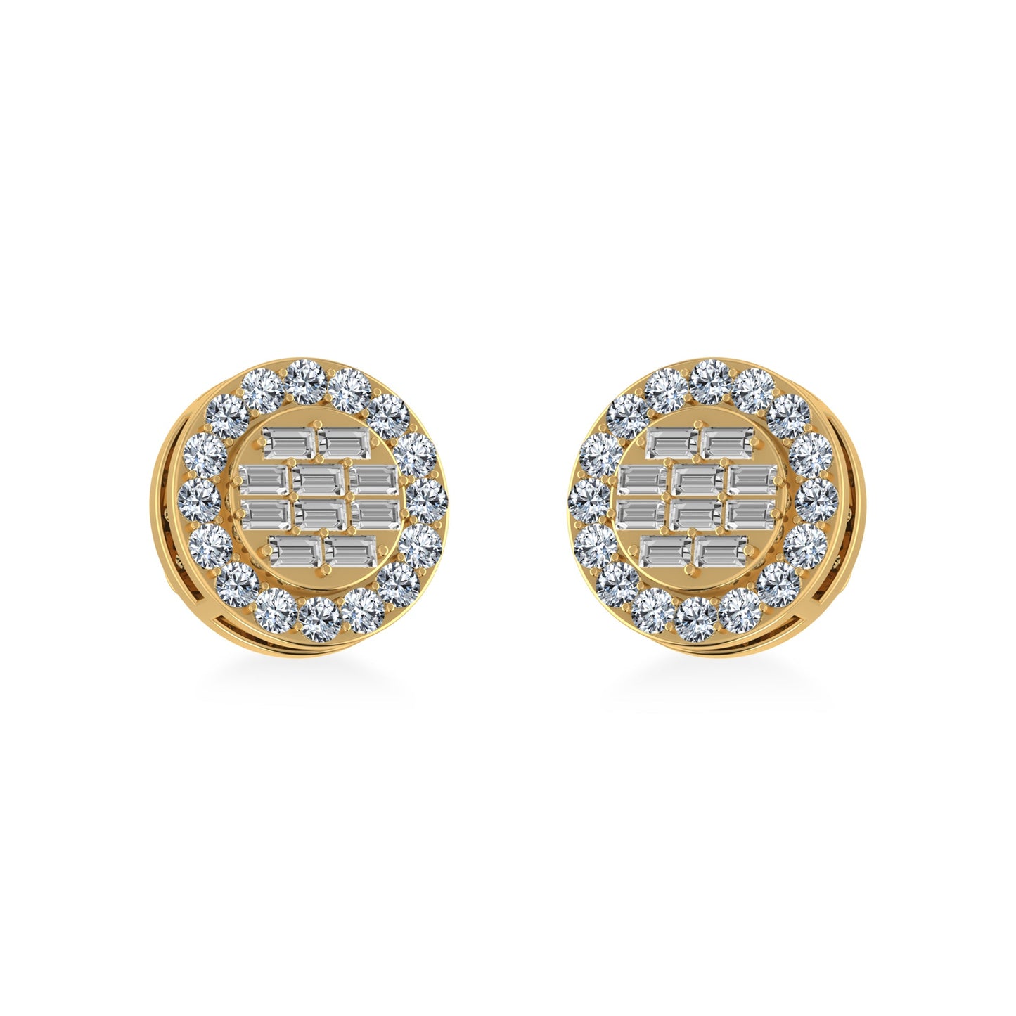 14K Yellow Gold Round Baguette Diamond Halo Stud Earrings 1/2 Ctw