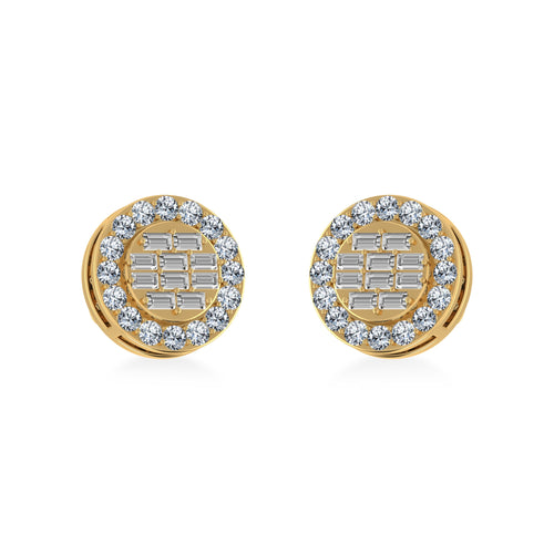 14K Yellow Gold Round Baguette Diamond Halo Stud Earrings 1/2 Ctw
