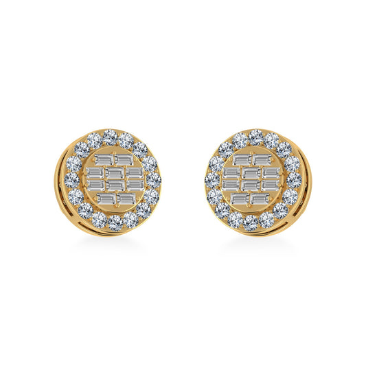 14K Yellow Gold Round Baguette Diamond Halo Stud Earrings 1/2 Ctw