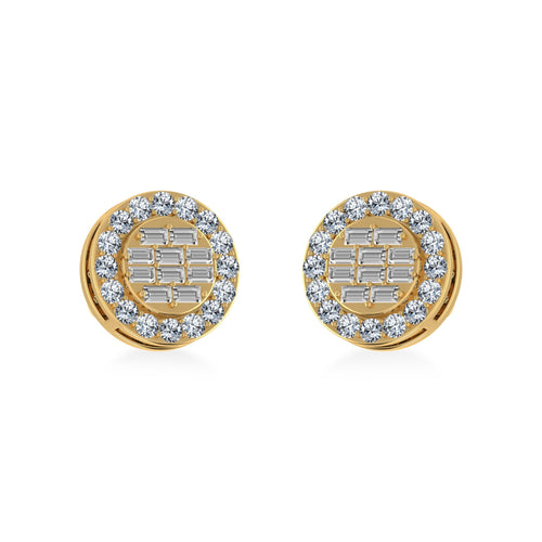 14K Yellow Gold Round Baguette Diamond Halo Stud Earrings 1/2 Ctw