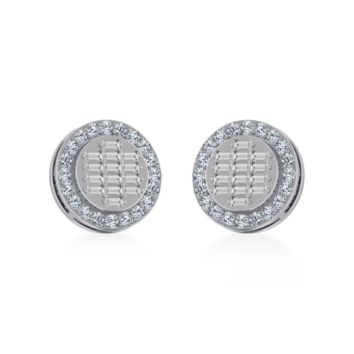 14K White Gold Round Baguette Diamond Halo Stud Earrings 5/8 Ctw